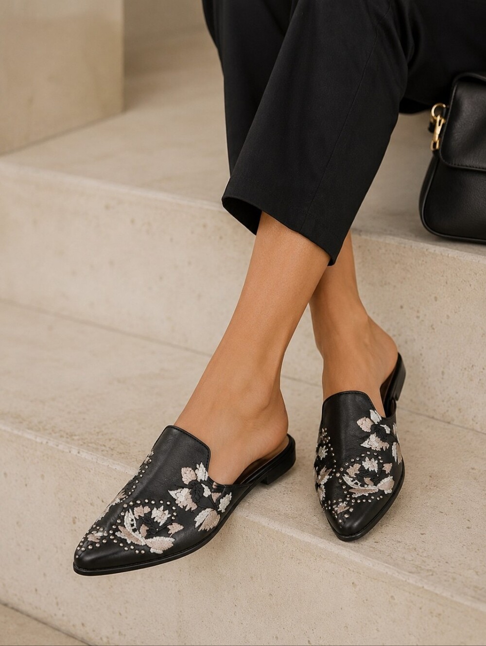 Dolce Vita Black Leather Floral Embellished Mule.